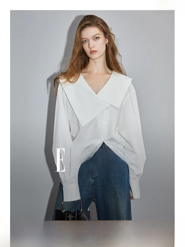 

Elle White Asymmetrical Large Collar Shirt Women's Spring New Design Simple Unique Top Commute Style Loose Fit Long Sleeve
