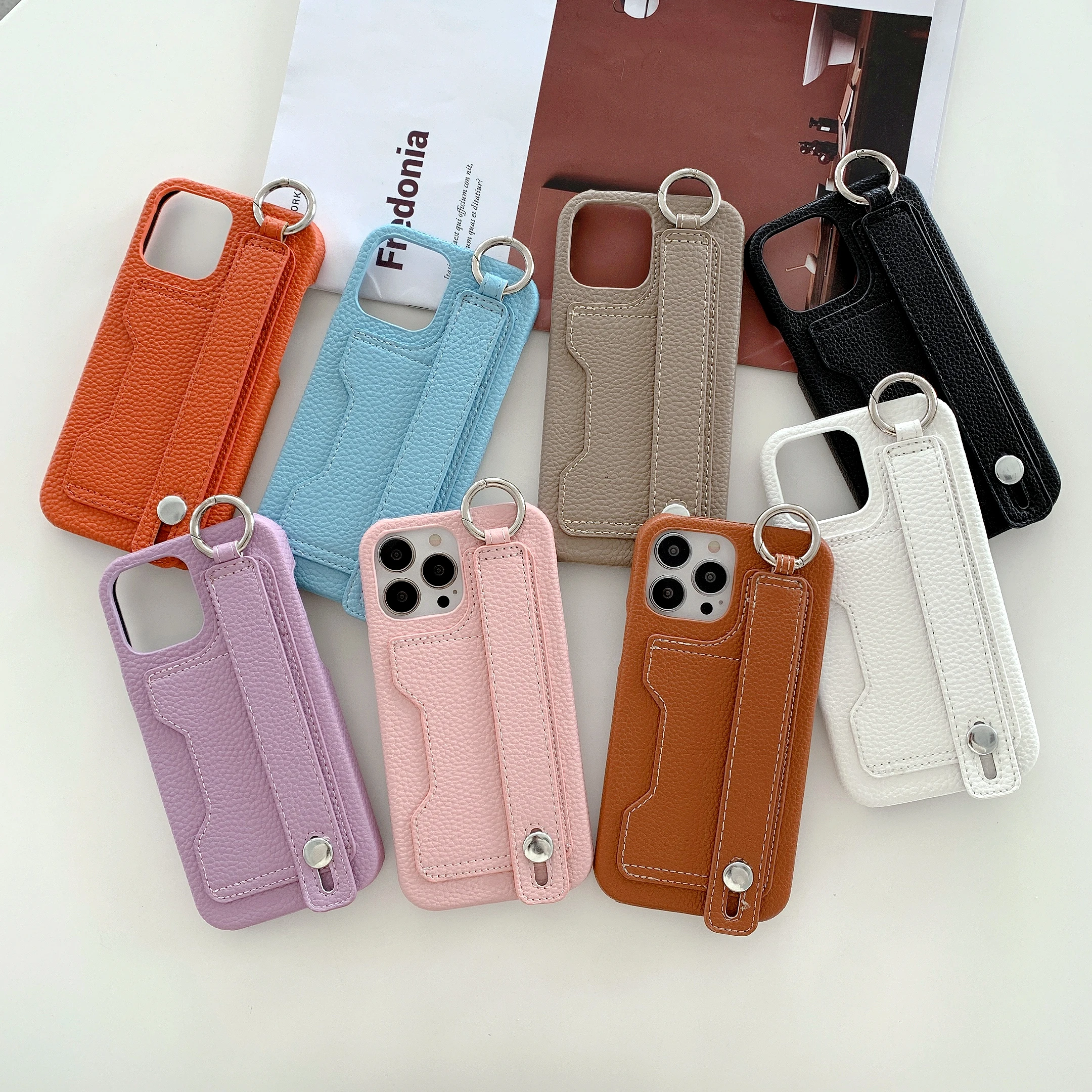 

Shockproof Litchi Leather Hand Strap Card Holder Case For iPhone 15 Pro Max 14 13 12 11, Wristband Stand Ring Holder Phone Cover