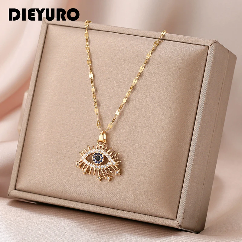 DIEYURO 316L Stainless Steel Evil Eye Zircon Necklace For Women Fashion Girls Clavicle Chain Vintage Female Body Jewelry Gift