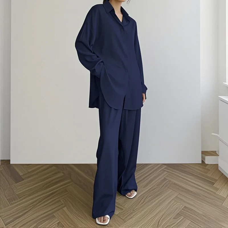 

Осенняя удобная и повседневная женская домашняя одежда, модная однотонная рубашка на пуговицах, свободные брюки, комплект можно носить на улице