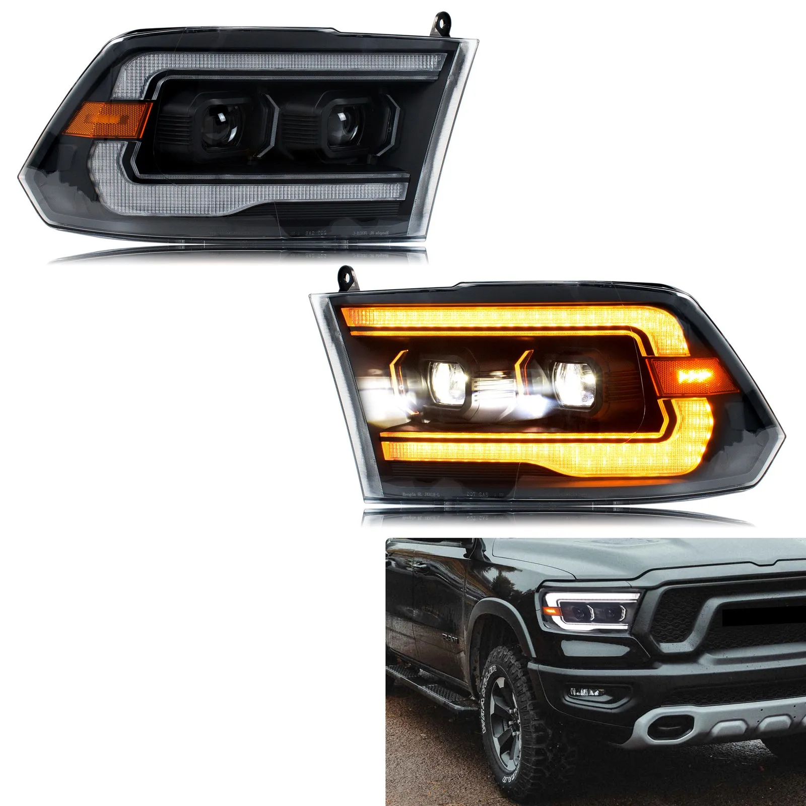 LED-Scheinwerfer für Dodge Ram 1500 2500 3500 4. Generation 2009–2018, Dual-Projektor, DRL, sequentielle Anzeige, Frontlampen-Baugruppe