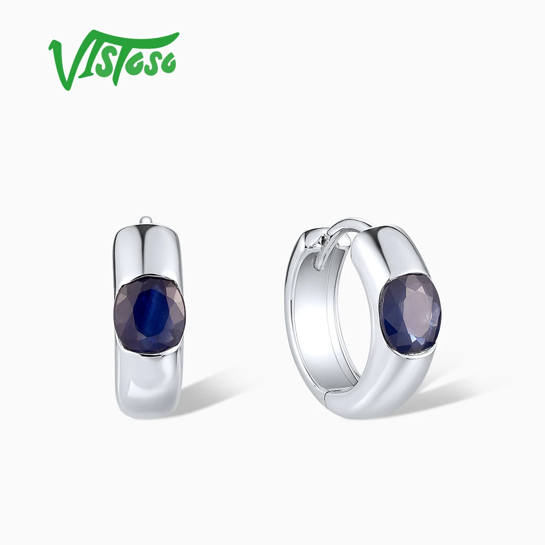 VISTOSO Real 14K 585 White Gold Loop Earrings For Women Sparkling Diamonds Blue Sapphire Two Versions Simple Daily Fine Jewelry