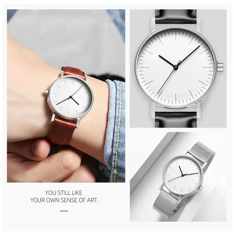 Reloj de Ronda de acero a la moda para hombres y mujeres, reloj literario y Simple de cuero genuino, reloj de estudiante de moda, nuevo