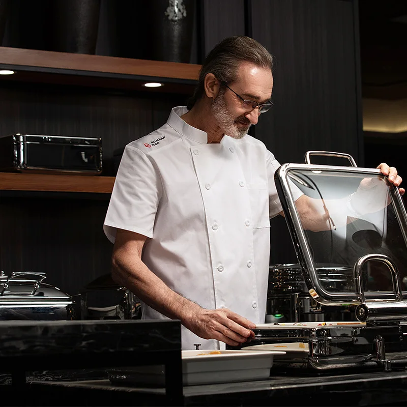 Chef macacão de manga curta verão respirável fino jantar do hotel cantina traseira cozinha roupas chef uniforme masculino verão wear