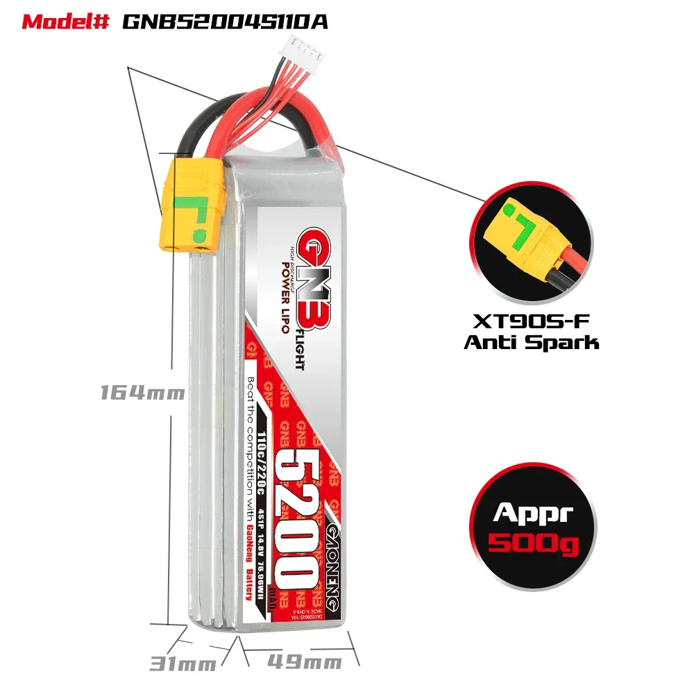 GAONENG GNB 5200mAh 4S 110C 220C 14.8V XT90S LiPo Battery 1/8 1:8 Scale RC Hobby Models Large Scale Sport RC Aerobatic Airplane