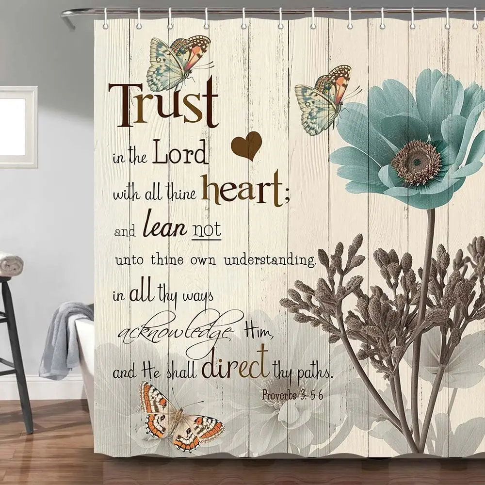 

Biblical Quote Shower Curtain With Wood Texture And Butterflies Trust In The Lord Design Religious Bathroom Decor Inspirational