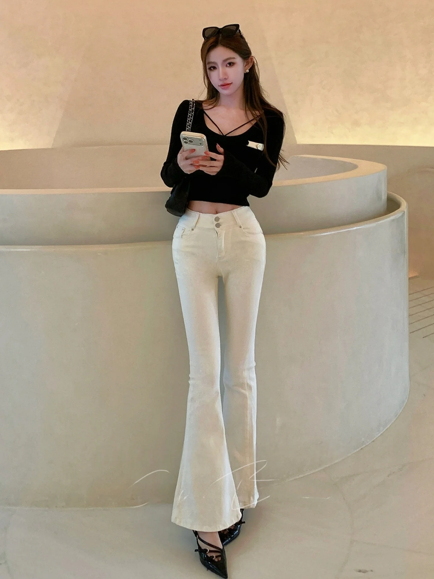 

High Waist Flared High Elastici White Floor-Length Jeans Women's Waist-Cinching Hip-Lifting Long Pants Spring Summer