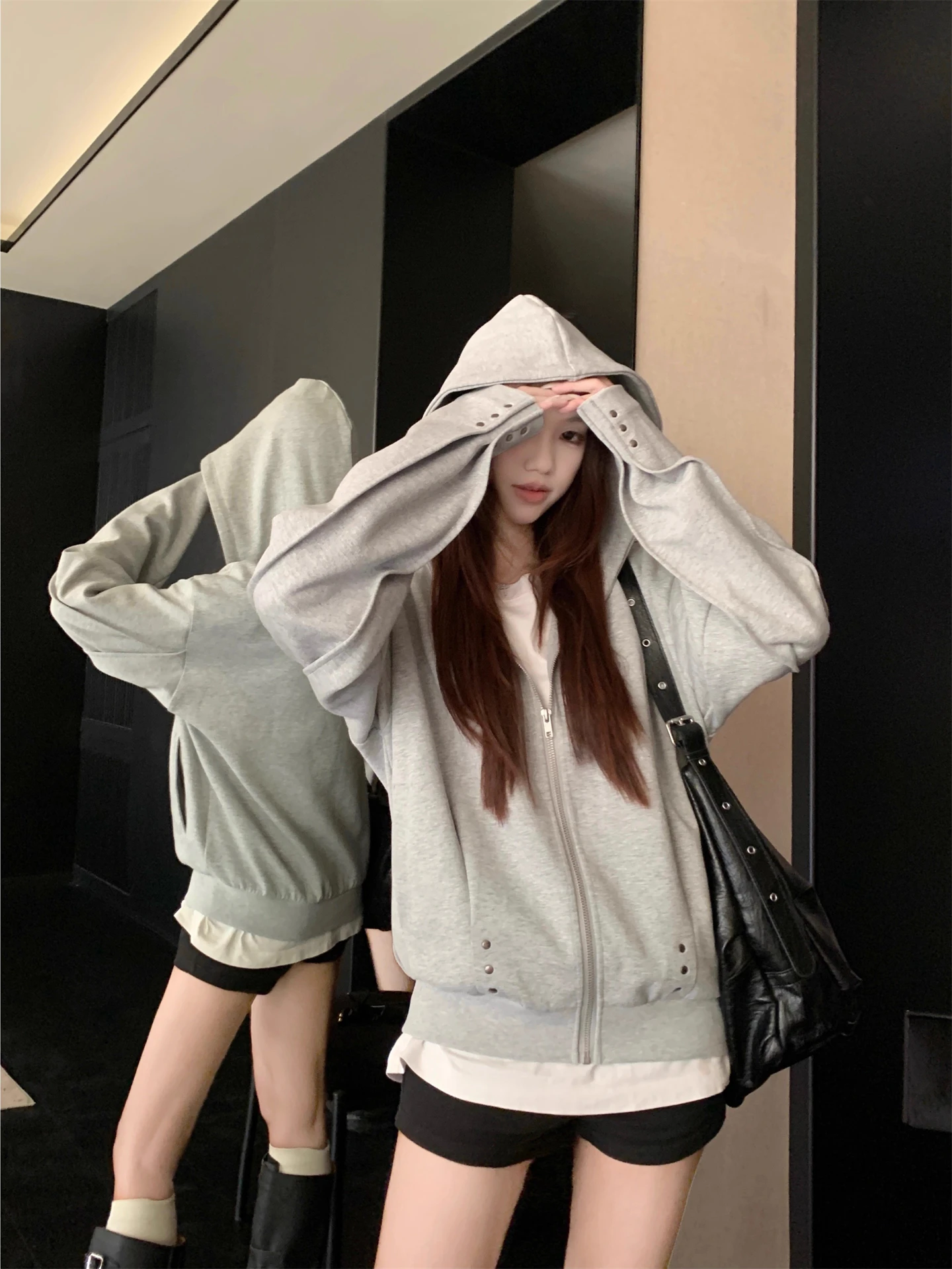 الرجعية الأمريكية حار فتاة تصميم تحسس برشام هوديي Jaet المرأة ربيع الخريف فضفاضة كسول عادية مفتوحة سترة أعلى #3