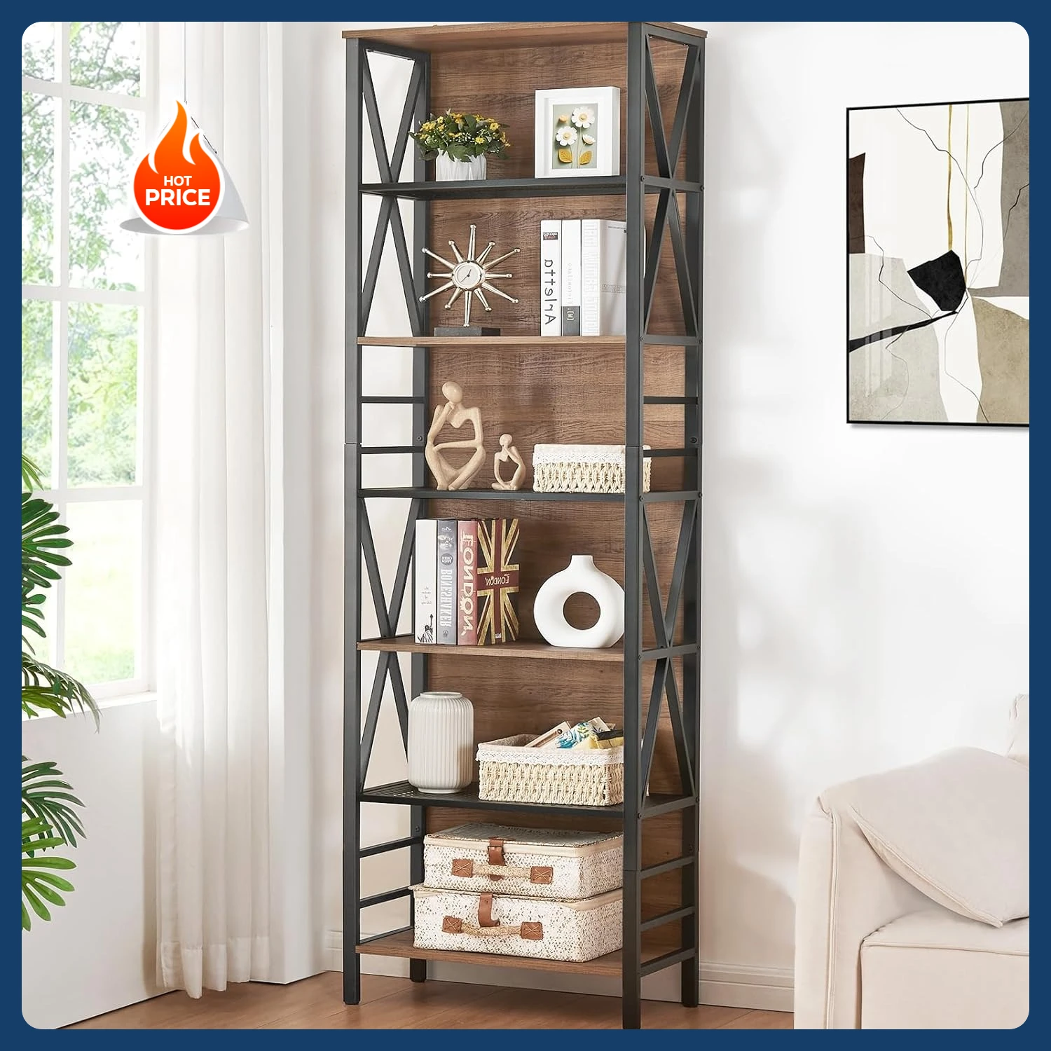 Barang Baru! Rak Buku Tinggi, Rak Buku 7 Tingkat, Rak Buku dan Lemari Buku Kayu Rustic dengan Logam, Model Berdiri Bebas dan Industrial Terbuka B