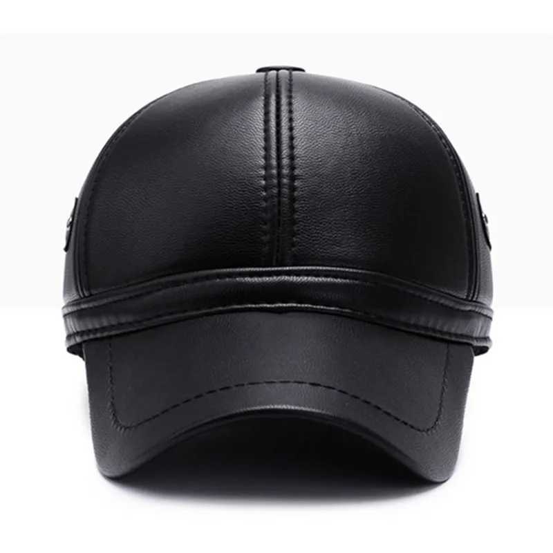 

New Winter Men's Cap PU Faux Leather Cap Coldproof Warm Baseball Caps Plush Thickened Earmuffs Hats Elderly Dad's Cycling Hat