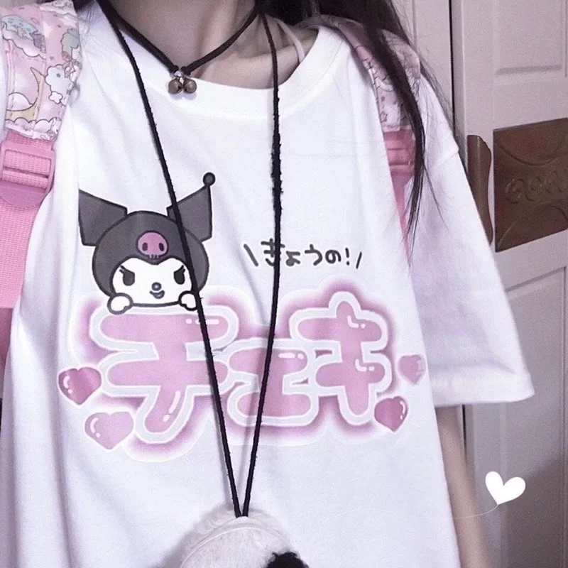 Camiseta de manga corta con estampado de Kuromi japonés de dibujos animados para mujer, ropa Harajuku para chicas dulces, Camiseta de cuello redondo, camisetas para mujer