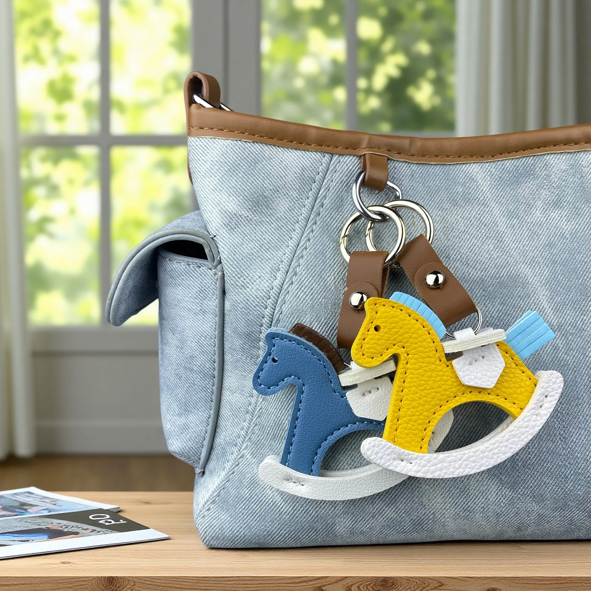 Handcrafted Leather Rocking Horse Keychain Bag Charm, Cute Color-Block Horse Keyring Pendant, Horse Accessories For Purse, Bags