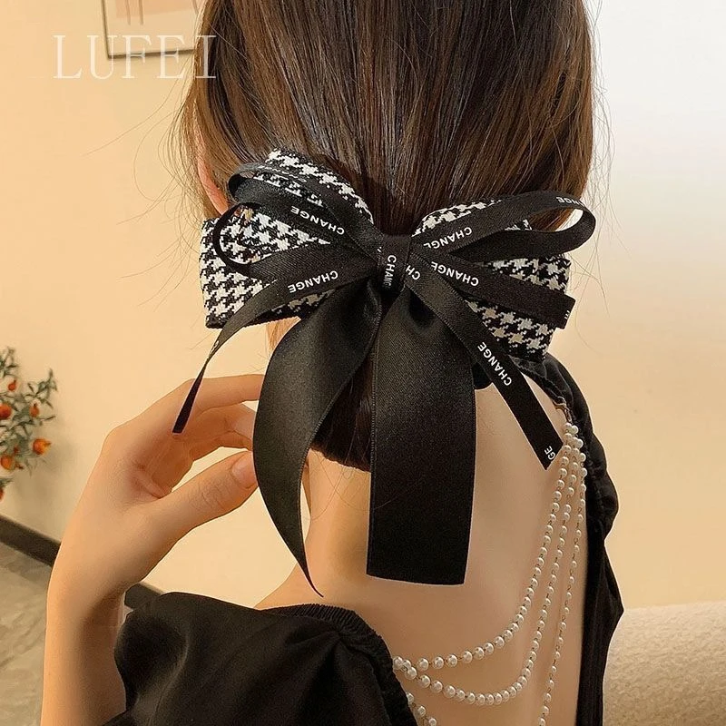 1pc houndstooth bow large elastic hair band with flowing ribbon, French high-end hair tie for ponytails and buns hair accessory