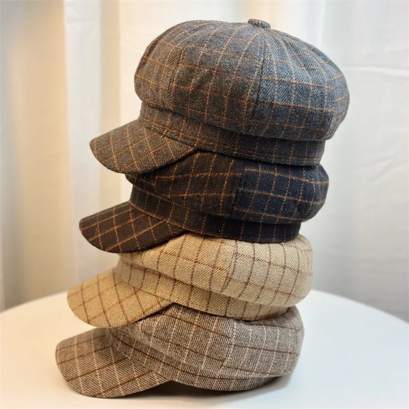 

Retro plaid octagonal hat women's checked cap woolen newsboy hat autumn and winter Korean version beret versatile painter hat