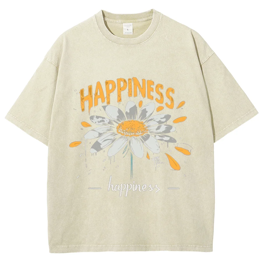 Happiness Letter Printing T-Shirt Unisex Fit Washed Customscool Sports Plus Size T-shirts Round Neck European and American