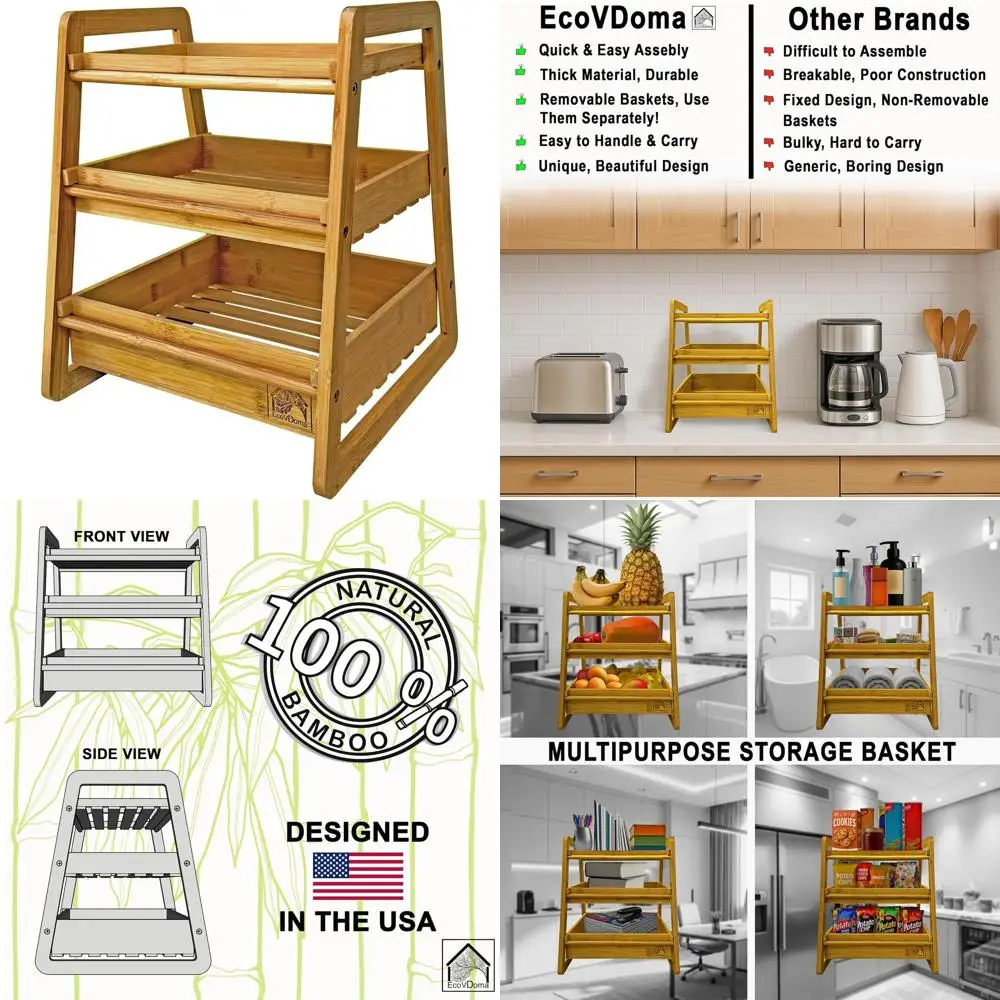 

Bamboo 3-Tier Kitchen Fruit Basket Organizer for Fresh Produce, Snacks, and More