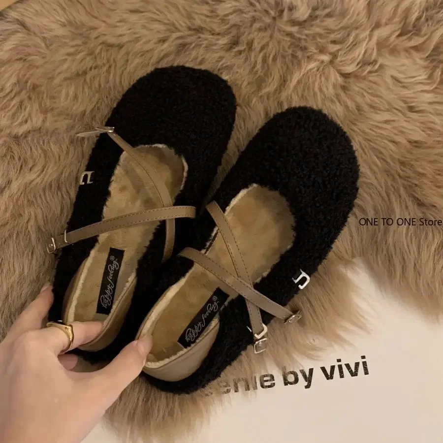 2024 Fashion Round Toe Wool Ballet Flats Ladies Brand Design Fur Mary Jane Shoes Woman Winter Warm Plush Loafers Mujer