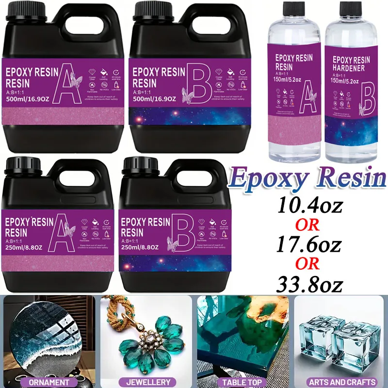 

Clear Epoxy Resin Kits 10.4/17.6/33.8oz DIY 1:1 Ratio Fast Curing Heat Resistant For Jewelry Wood Table Top Flower Preservation