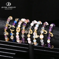 JD Natural Stone Amethyst Rock Quartz Copper Charm Bracelets Women Shiny Zircon Handmade Crystal Bracelets Female Party Gifts