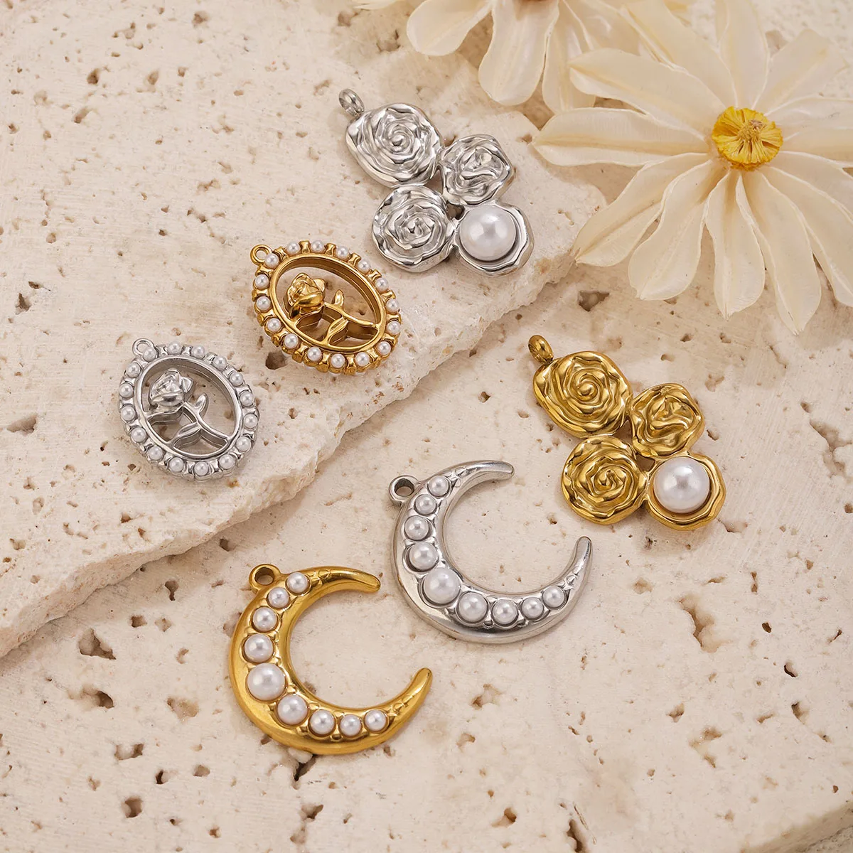 5Pcs Stainless Steel 18K Gold Plated Moon Rose pearl Charms Pendants DIY Necklace Bracelet Earrings Jewelry Making Accessories view 5