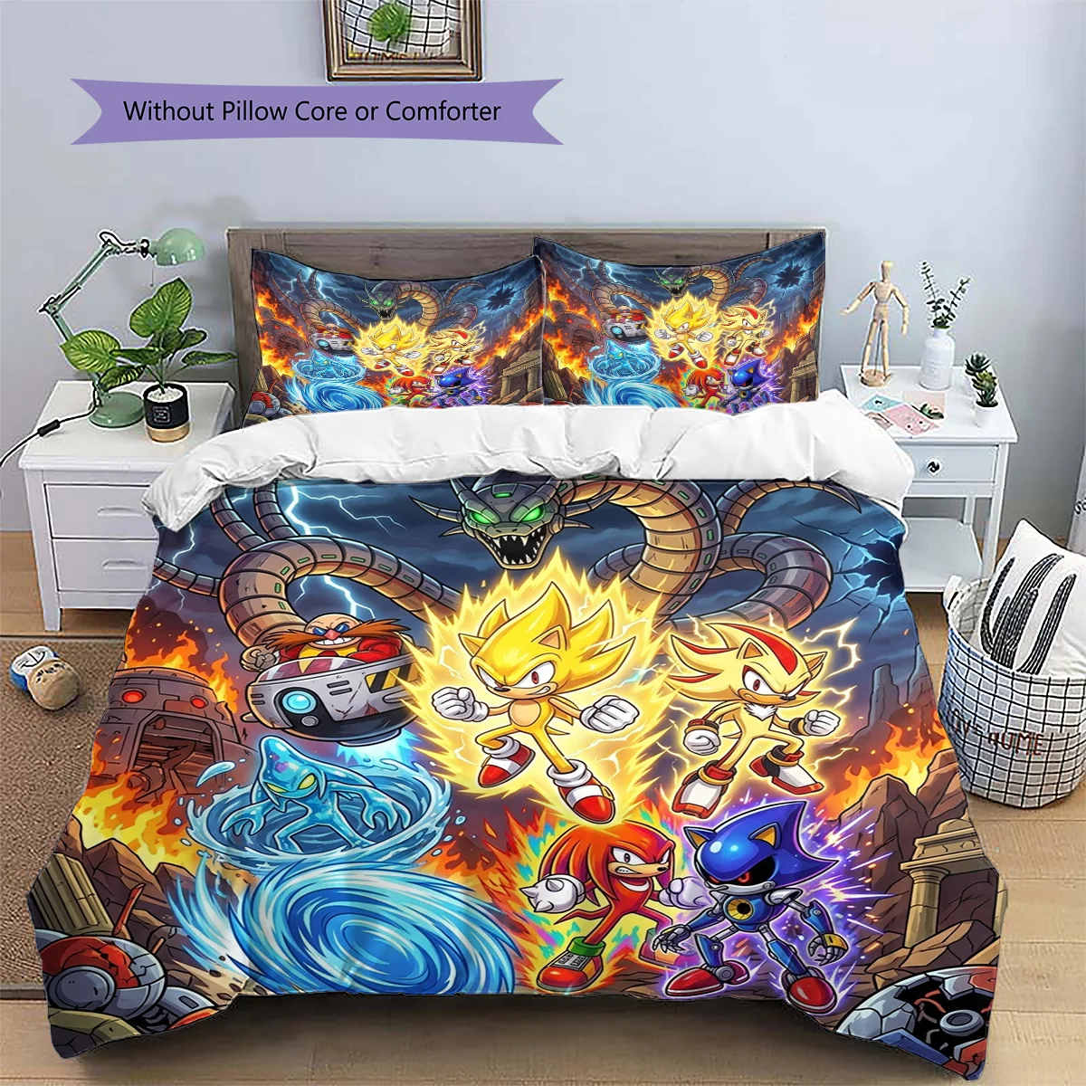 Hedgehog Sonic Patterned Pillowcase & Duvet Cover Set Anime Room Decor Bedding Bedroom Decoration for Lovers.-TING - view 3