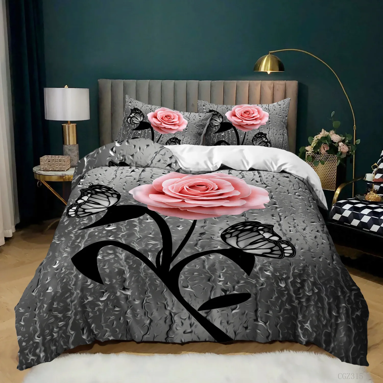 

Pink Rose Duvet Cover Set Queen Size 3D Printed Rose Floral Bedding Set Botanical Blossom Flowers Comforter Cover