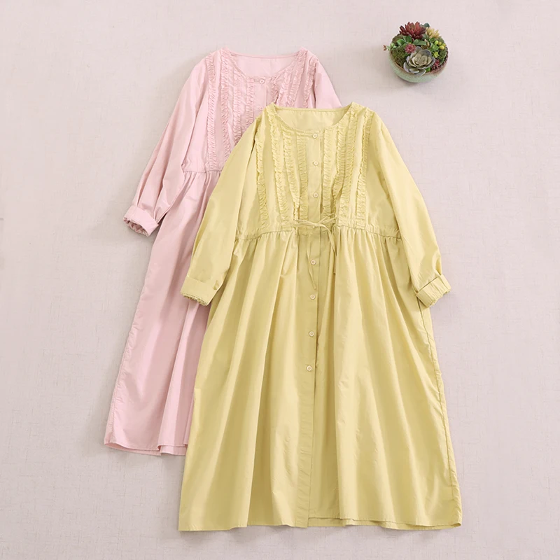 

Japanese Sweet Mori Girl Solid Color 100% Cotton Shirt Dress Women Spring Summer O-Neck Long Sleeve Single Breasted Dresses