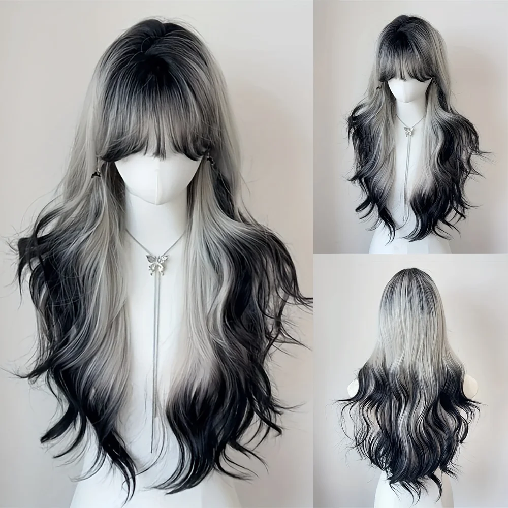 

70-сантиметровая черно-белая волнистая синтетическая повязка для волос с эффектом омбре, подходит для женских повседневных вечеринок, натуральные термостойкие парики Лолиты