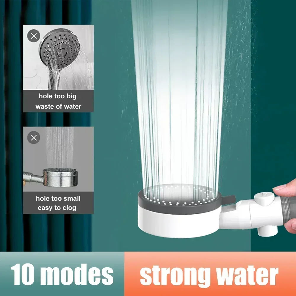 10 Mode High Pressure Shower Head Handheld Filter Sprayer with One Touch Stop Water Saving Function for Bathroom Accessories
