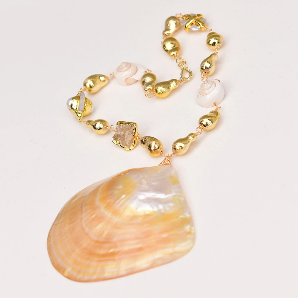 G-G Natural Mix Stone Citrine Quartz Pearl Gold Plated Brushed Beads Necklace Big Yellow Sea Shell Pendant For Lady