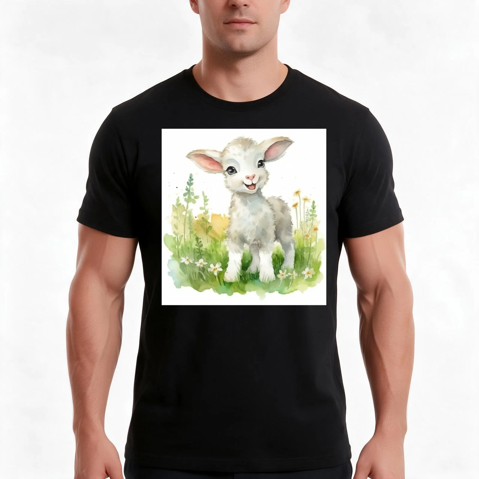 Happy White Lamb - Meadow Friends: Kids' Watercolor Prints by Mila van Meer T-Shirt, Summer Casual Cotton Tee, Unisex Men Women