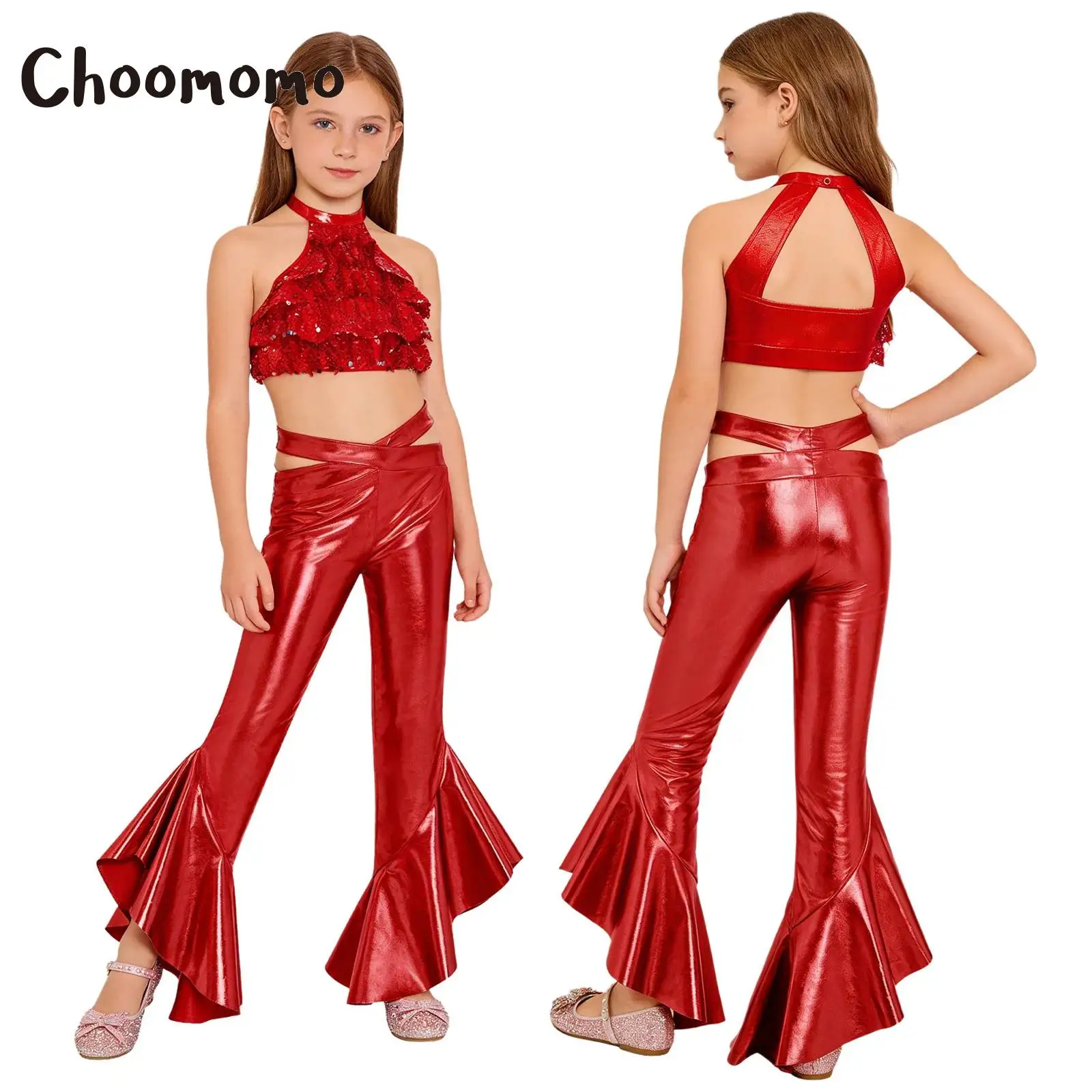 

Girls 70S Disco Hippie Costume Latin Jazz Hip-hop Dance Outfit Shiny Sequin Tiered Backless Crop Top with Ruffles Flared Pants