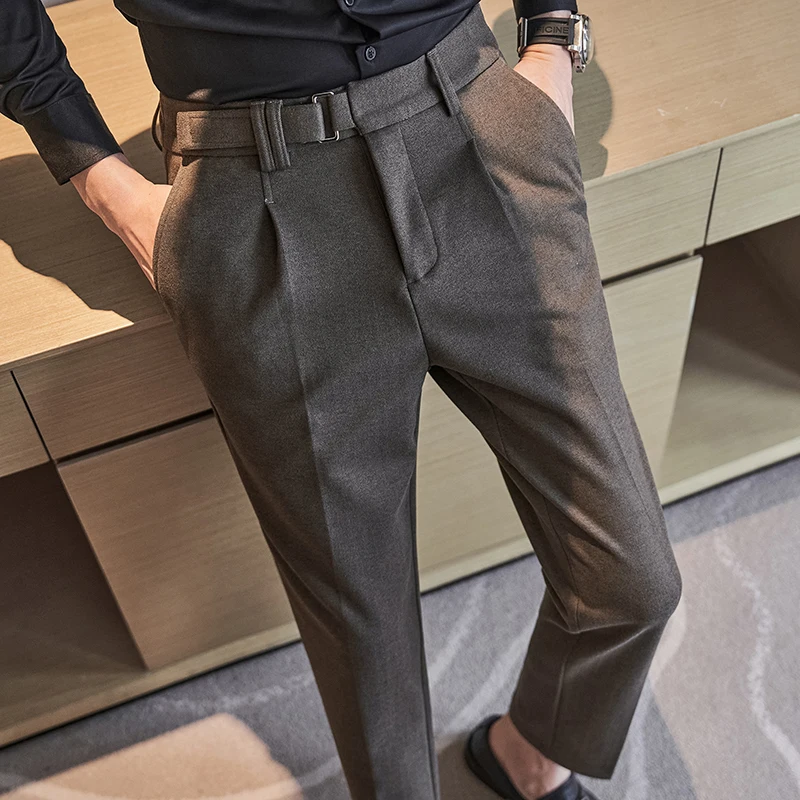 Brand Mens Suit Pants Woolen Cloth Thick Loose Pure Color Slim Straight British Slacks/New Men Woolen Cloth Suit Straight Slacks