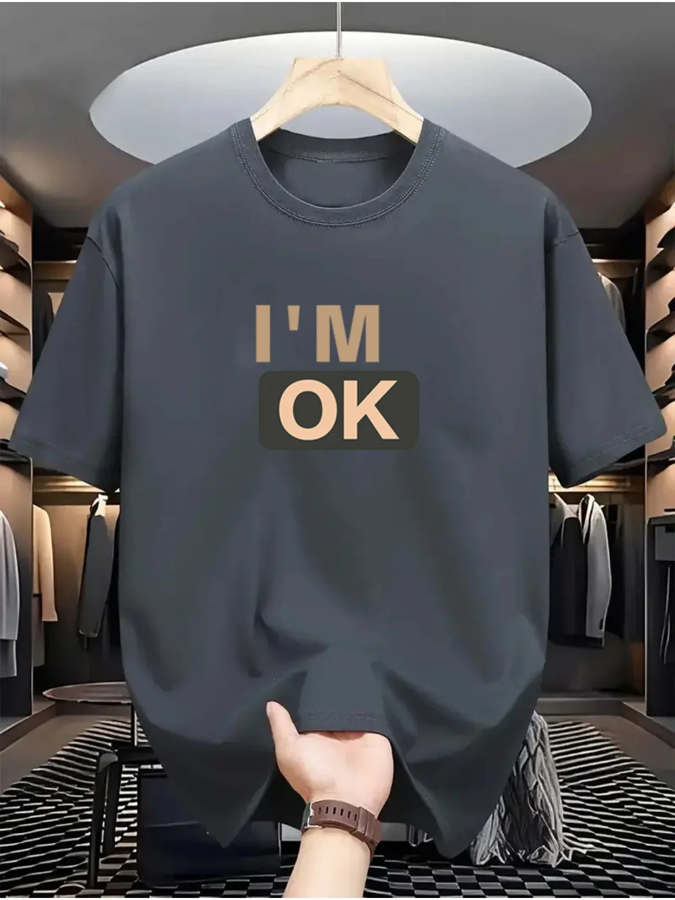 تي شيرت رجالي صيفي 100% من القطن الخالص كاجوال عصري فضفاض بنمط I'm OK مطبوع برقبة دائرية وأكمام قصيرة #4