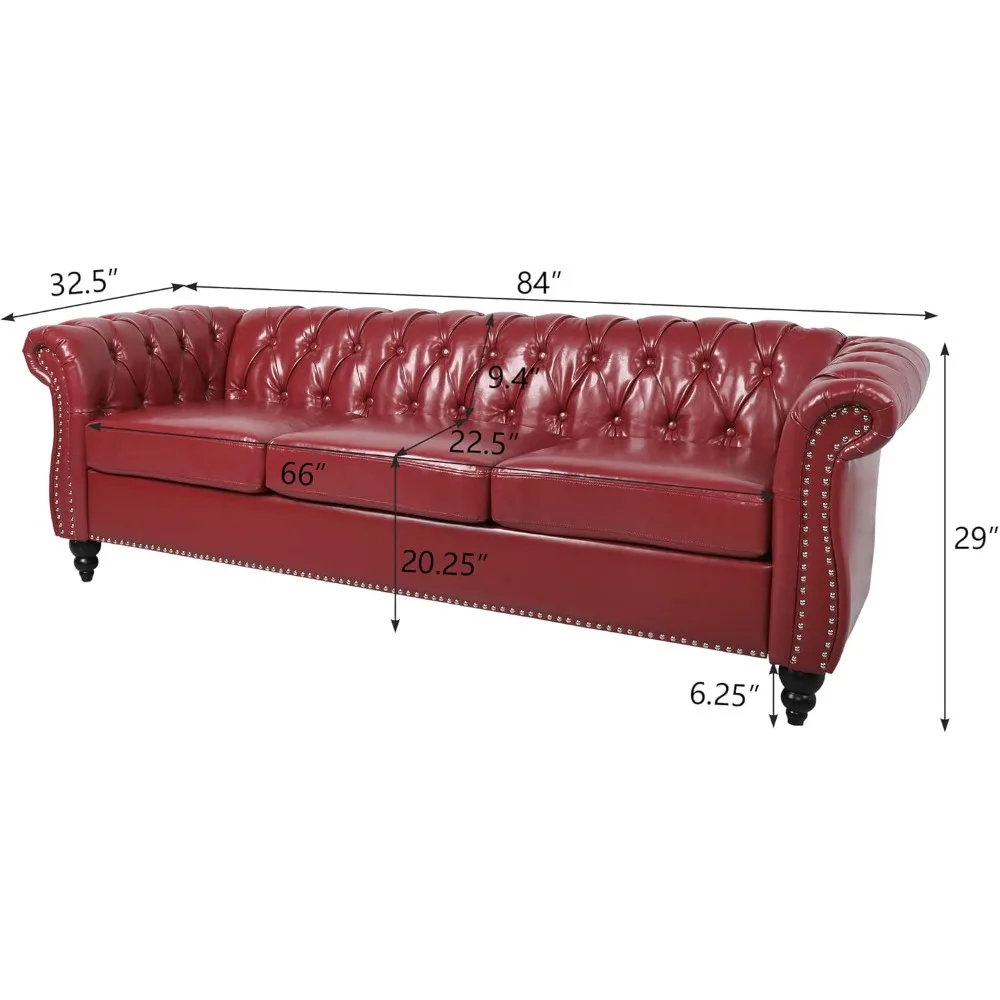 Chesterfield Sofa Leather, Modern PU Tufted Couch 3 Seater with Rolled Arms and Nailhead for Living Room, Bedroom, Office