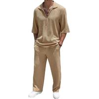 2Pcs/Set Men Outfit Casual Outfit Lapel Long Sleeve Tops Elastic Waist Long Pants Set Solid Color Commuter Style Outfit