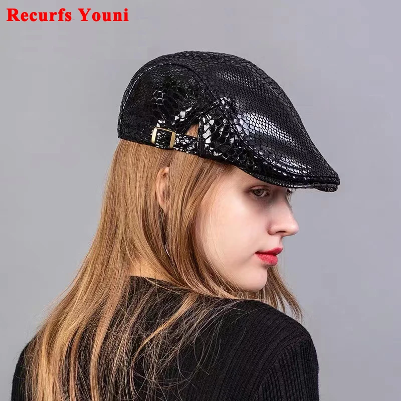 

Genuine Leather Duck Tongue Hat for Women Autumn Winter Men Fashion Lacquer Leather Sheepskin Berets Femme Snake Printed Boina