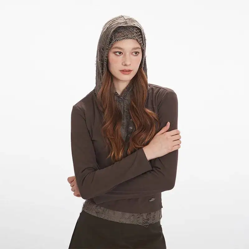 

Fake Two-Piece Hooded Long Sleeve T-Shirt For Women Autumn Slim Ripped Design Punk Style Layered Undershirt Top