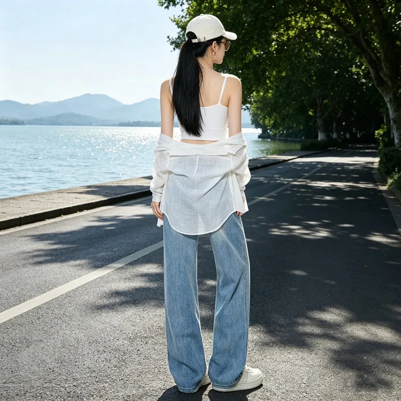 Women High Waist Wide Leg Jeans Summer Draped Loose Slim Straight Floor Length Pants For Pear Shaped Figure