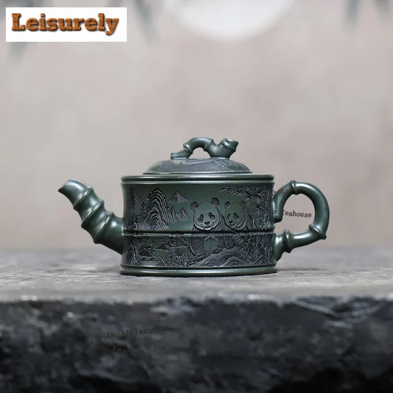 

260ml Antique Yixing Purple Clay Teapots Handmade Panda Bamboo Section Pot Raw Ore Ink Green Mud Kettle Zisha Teaset Collection