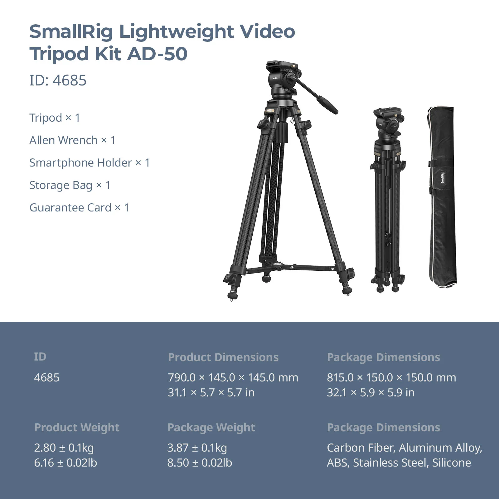 SmallRig AD-50 videostatief van koolstofvezel met traploze dempende vloeistofkop Compact reisstatief voor camcorder, camera's -4685