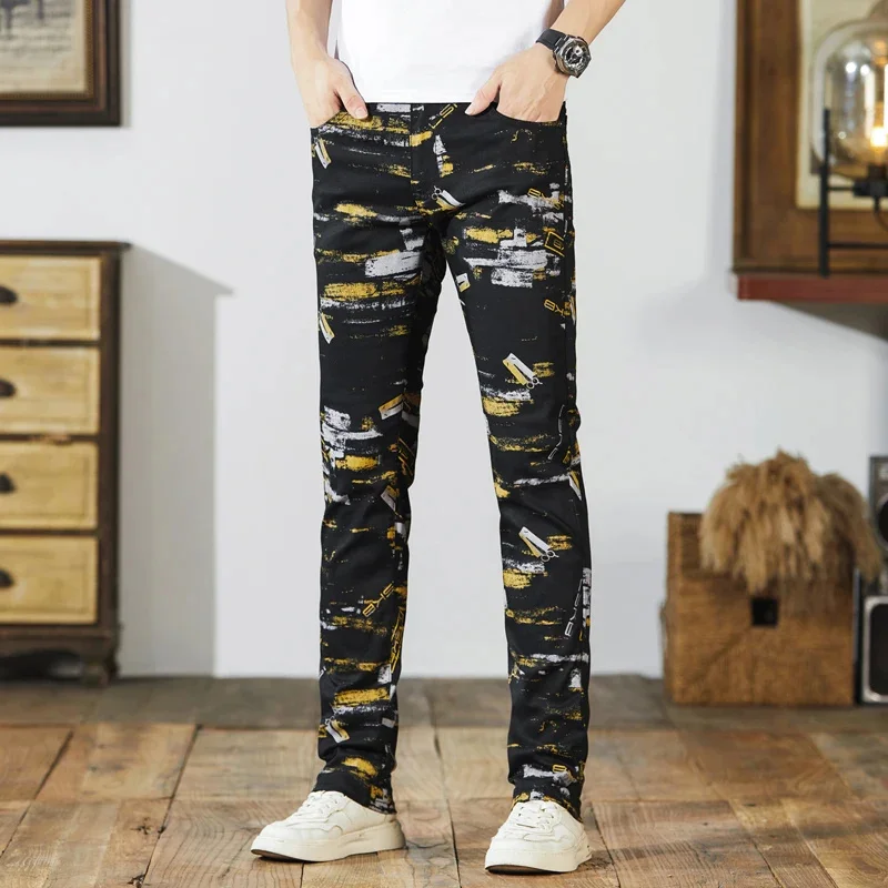 Street unique personality camouflage print men's casual pants Trendy Slim American small straight jeans man