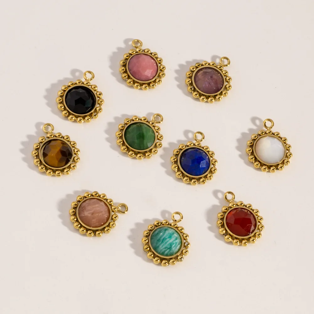 2Pcs Stainless Steel Multicolour Natural Stone Small Flower Steel Ball Edge Pendant Fine Polishing DIY Jewelry Accessorie