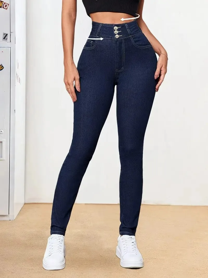 

Женские модные повседневные джинсы с высокой талией, тонкой талией, узкими бедрами и пуговицами спереди, темно-синие обтягивающие ноги
