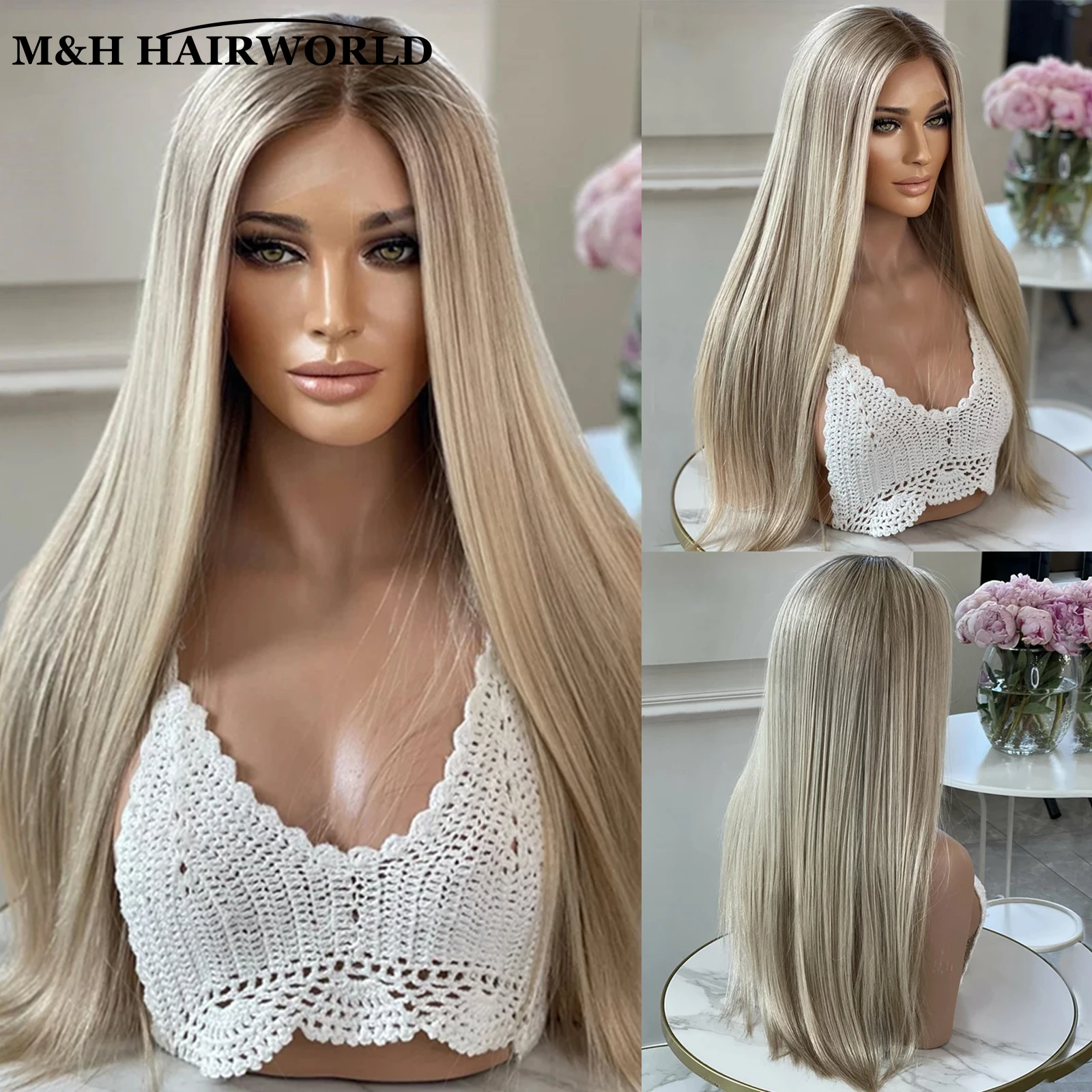 Highlight Ombre Ash Blonde Colored Smooth Straight Lace Front Wigs Long Synthetic Baby Hair Wig 13X3 Frontal Lace Wigs For Women