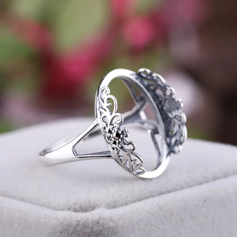 

Retro Thai Silver 925 Sterling Silver Women Ring 15x20MM Oval Cabochon Semi Mount Ring Engagement Wedding Fine Jewelry Setting