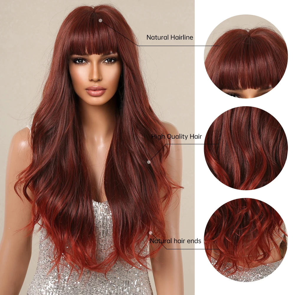 Red Ombre Wavy Synthetic Hair Wigs with Bangs Long Body Wavy Wig for Women Party Lolita Cosplay Colored Fake Hair Heat Resistant