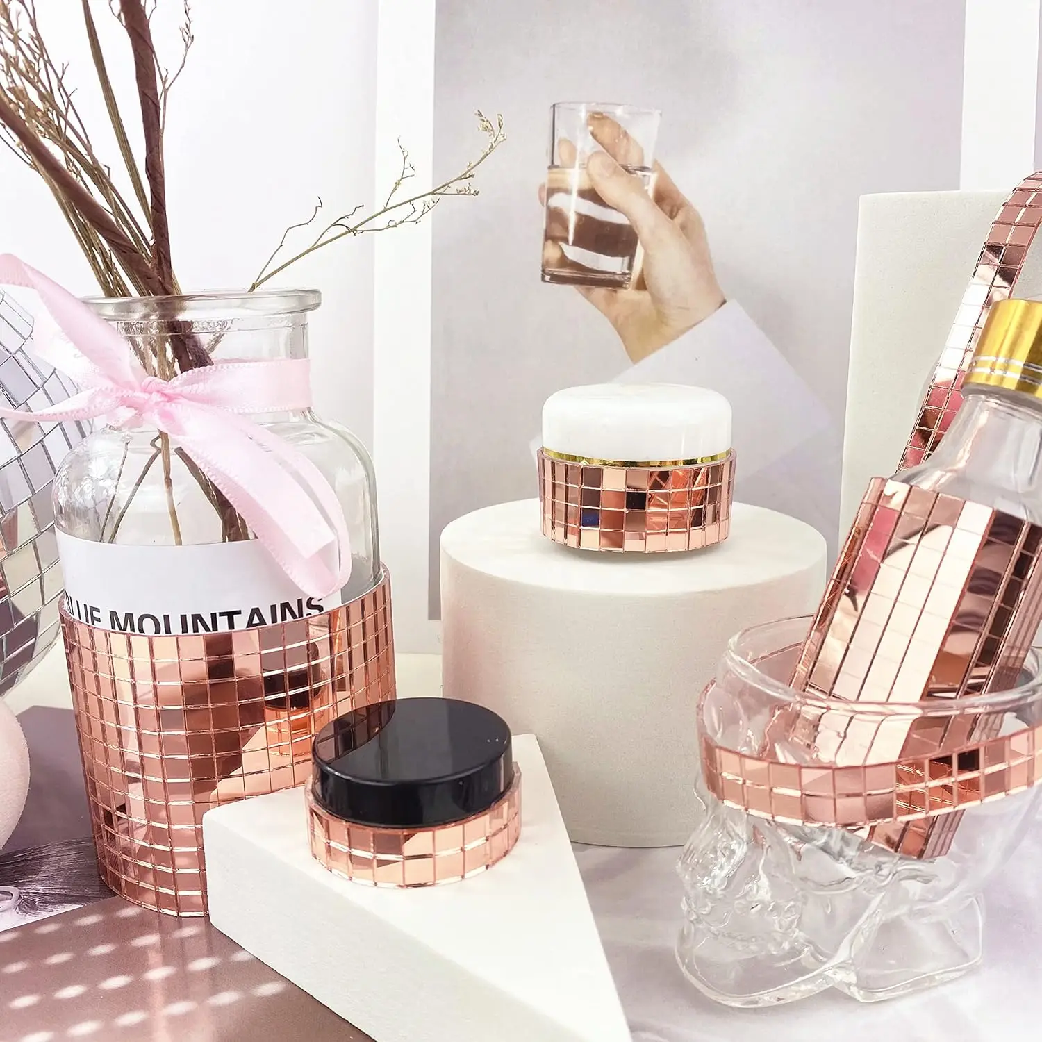 Real Glass Silver Mirrors Mosaic Tiles Sticker for Craft Square Glass Tiles Self Adhesive,5mm by 5mm (Rose Gold, 2400PCS)