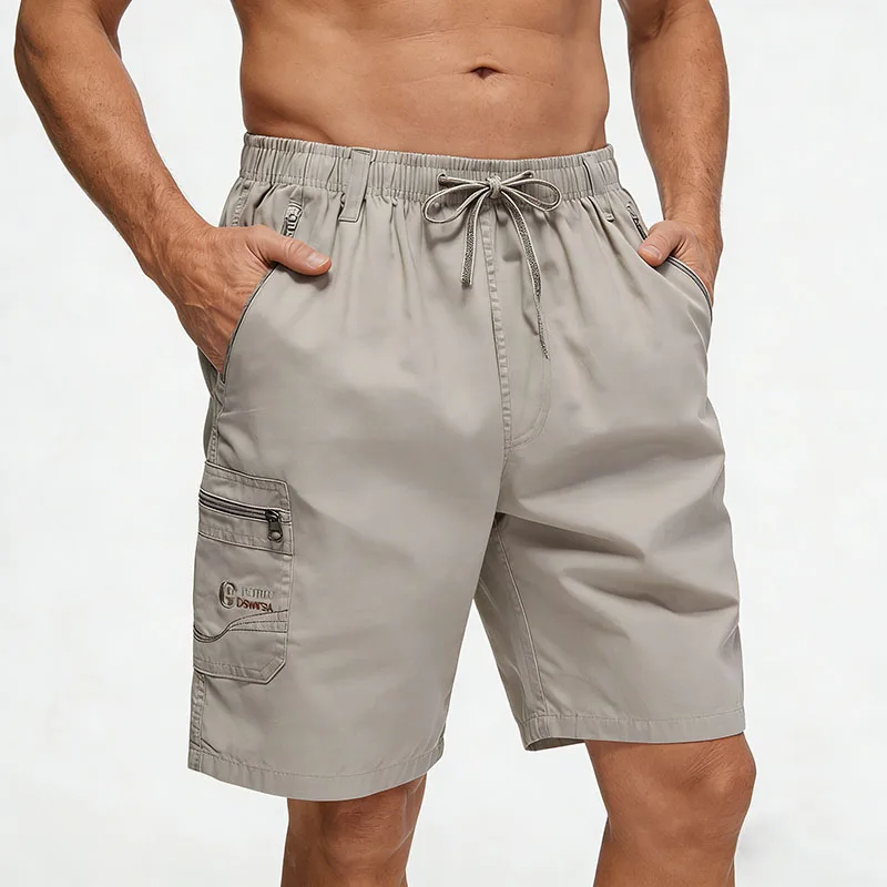 

Cotton Cargo Shorts Men's Lightweight Breathable Solid Color Drawstring Waist with Zipper Pockets Casual Summer Short Pants