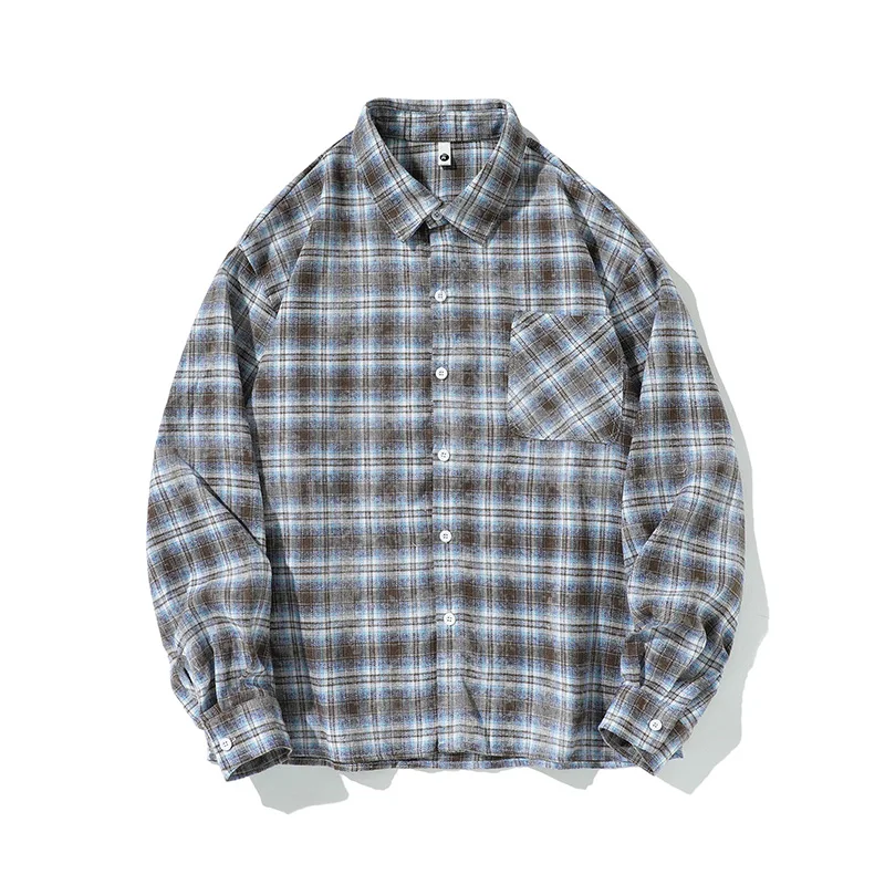 

Japanese vintage plaid shirt for men and women couples long sleeves spring and autumn new loose lazy wind shirt coat